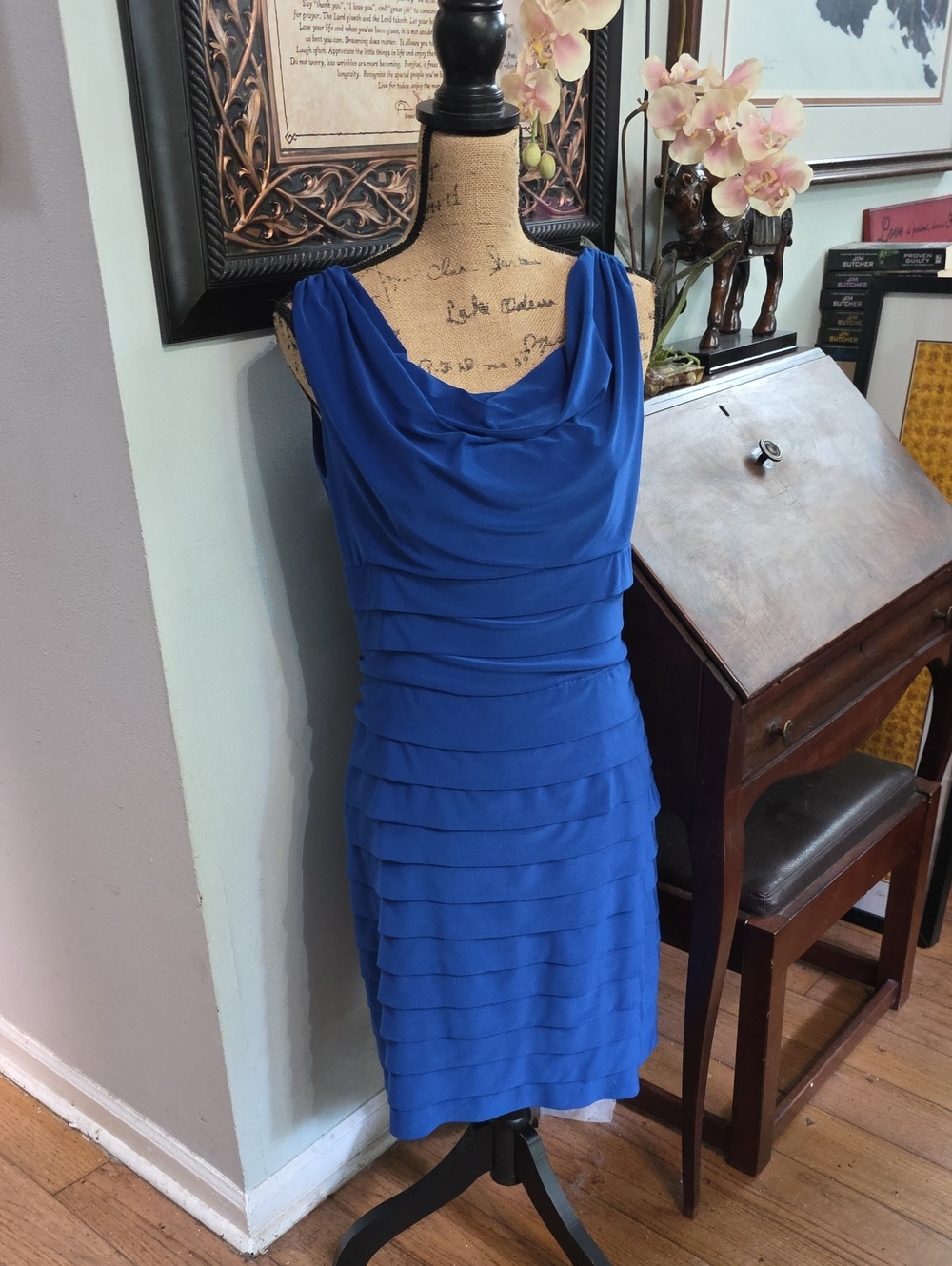 American Living Royal Blue Sleeveless Cowl Tiered Dress